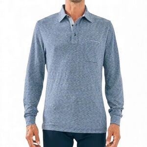 Faherty Men’s Long Sleeve Polo Shirt Blue Grey Medium Logo Soft Knit Casual Top